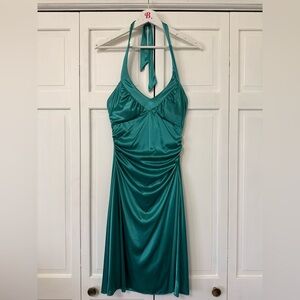 Y2K Ruby Rox Teal Aqua Satin Ruched Halter Dress Babydoll Prom Hoco Medium